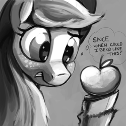 Size: 3000x3000 | Tagged: safe, artist:dimfann, applejack, earth pony, pony, apple, dexterous hooves, dexterous wrists, female, grayscale, hooves, monochrome, solo