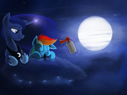 Size: 2000x1495 | Tagged: safe, artist:dimfann, princess luna, rainbow dash, alicorn, pegasus, pony, :t, airhorn, bedroom eyes, cute, duo, eyes closed, female, floppy ears, fluffy, glowing horn, lightning, magic, mare, moon, night, nose wrinkle, open mouth, prank, prone, sky, sleeping, smiling, stormcloud, telekinesis, this will end in tears