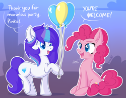 Size: 2245x1750 | Tagged: safe, artist:dsp2003, pinkie pie, oc, oc:windy cloud, pony, unicorn, 2016, balloon, comic, commission, happy, open mouth, single panel, tired pie