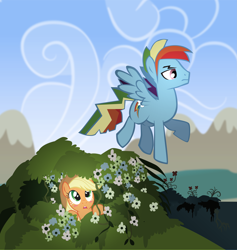 Size: 5099x5368 | Tagged: safe, artist:trotsworth, applejack, rainbow blitz, rainbow dash, earth pony, pegasus, pony, fanfic:on a cross and arrow, absurd resolution, appleblitz (straight), appledash, blushing, bush, eyes on the prize, fanfic, fanfic art, female, flower, flying, half r63 shipping, hiding, male, mare, rule 63, shipping, stallion, straight