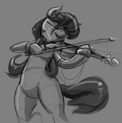 Size: 1500x1512 | Tagged: safe, artist:dimfann, octavia melody, earth pony, pony, crying, grayscale, monochrome, sketch, solo, violin