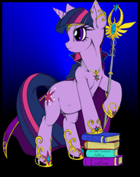 Size: 621x779 | Tagged: safe, artist:longinius, artist:orionfotl, edit, twilight sparkle, unicorn twilight, pony, unicorn, belly button, book, cape, color, female, jewelry, looking to side, mare, scepter, solo