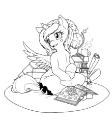 Size: 867x985 | Tagged: safe, artist:longinius, princess luna, alicorn, pony, book, cute, elements of harmony, filly, globe, grayscale, hat, monochrome, nightcap, scroll, solo, telescope, woona, younger