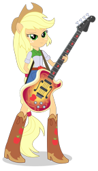 Size: 2639x4583 | Tagged: safe, artist:negasun, applejack, equestria girls, rainbow rocks, bass guitar, boots, clothes, cowboy boots, cowboy hat, denim skirt, freckles, hat, musical instrument, ponied up, shoes, simple background, skirt, solo, stetson, transparent background