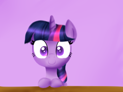 Size: 1600x1200 | Tagged: safe, artist:heavymetalbronyyeah, twilight sparkle, pony, unicorn, bust, female, looking at you, mare, purple background, simple background, smiling, solo, table