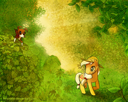 Size: 1000x800 | Tagged: safe, artist:hinoraito, applejack, winona, earth pony, pony, colored pupils, female, hat, leaves, mare