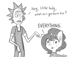 Size: 1024x768 | Tagged: safe, artist:dsp2003, oc, oc:brownie bun, earth pony, human, pony, 2016, crossover, featured image, female, looking at you, male, monochrome, open mouth, parody, rick and morty, rick sanchez, spoilers for another series, style emulation, the wedding squanchers