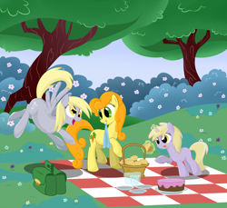Size: 2000x1833 | Tagged: safe, artist:zap-apple, carrot top, derpy hooves, dinky hooves, golden harvest, earth pony, pegasus, pony, unicorn, basket, cake, cute, cutie top, derpytop, female, filly, food, lesbian, mare, mouth hold, muffin, picnic basket, picnic blanket, shipping, tongue out