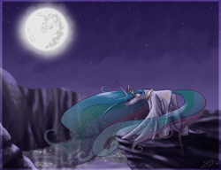 Size: 1300x1000 | Tagged: safe, artist:probablyfakeblonde, princess celestia, alicorn, pony, crying, female, mare, mare in the moon, moon, night, solo, wings down