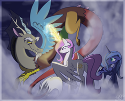 Size: 1600x1300 | Tagged: dead source, safe, artist:probablyfakeblonde, discord, princess celestia, princess luna, alicorn, draconequus, pony, female, filly, foal, male, mare, s1 luna, sisters, trio