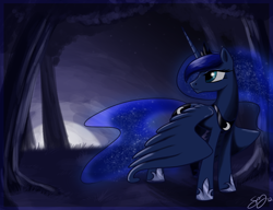 Size: 1300x1000 | Tagged: safe, artist:probablyfakeblonde, princess luna, alicorn, pony, female, looking back, mare, moon, moonrise, night, solo, wings down