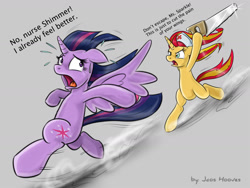 Size: 1600x1200 | Tagged: safe, artist:jcosneverexisted, sunset shimmer, twilight sparkle, twilight sparkle (alicorn), alicorn, pony, unicorn, bipedal, chase, dialogue, engrish, female, floppy ears, frown, gray background, hilarious in hindsight, hoof hold, mare, nurse, open mouth, running, saw, scared, simple background, spread wings, sweat, sweatdrop, text, wat, wide eyes, wings