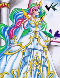 Size: 536x700 | Tagged: safe, artist:jadenkaiba, princess celestia, human, clothes, dress, female, humanized, solo, traditional art