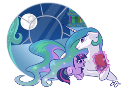 Size: 1420x1100 | Tagged: safe, artist:probablyfakeblonde, princess celestia, twilight sparkle, alicorn, pony, unicorn, book, caring, duo, female, filly, filly twilight sparkle, looking back, magic, mare, mare in the moon, momlestia, moon, night, prone, telekinesis, window, younger