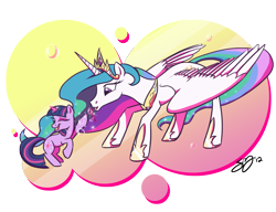 Size: 1300x1000 | Tagged: safe, artist:probablyfakeblonde, princess celestia, twilight sparkle, unicorn twilight, alicorn, pony, unicorn, abstract background, blowing bubbles, bubble, cute, cutelestia, duo, female, filly, filly twilight sparkle, mare, rearing, twiabetes, younger