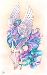 Size: 1570x2500 | Tagged: safe, artist:tom-ka, princess celestia, alicorn, pony, eyes closed, female, large wings, mare, solo, spread wings, wings