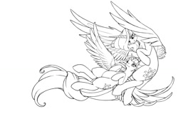Size: 1441x1002 | Tagged: safe, artist:longinius, princess celestia, twilight sparkle, twilight sparkle (alicorn), alicorn, pony, bedroom eyes, cuddling, cute, eye contact, female, grayscale, intertwined tails, lesbian, lineart, mare, monochrome, on back, shipping, sitting, smiling, snuggling, spread wings, twilestia
