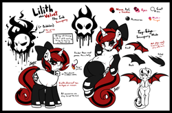 Size: 1807x1188 | Tagged: safe, artist:zajice, oc, oc only, oc:bubbles, oc:lilith, demon, pony, succubus, bat wings, belly button, bow, bubble, chubby, clothes, collar, cute, fangs, fat, freckles, ink, magic, piercing, plump, reference sheet, skull, solo, stockings