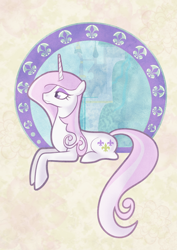 Size: 1000x1412 | Tagged: safe, artist:egophiliac, fleur-de-lis, pony, unicorn, female, mare, profile, prone, solo