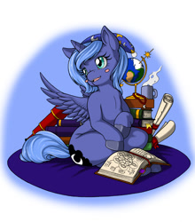 Size: 867x985 | Tagged: safe, artist:longinius, princess luna, alicorn, pony, blushing, book, filly, globe, hat, nightcap, sitting, solo, telescope, unshorn fetlocks, woona