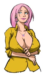 Size: 415x688 | Tagged: safe, artist:moronsonofboron, fluttershy, human, big breasts, breasts, cleavage, ear piercing, earring, female, hootershy, humanized, jewelry, necklace, piercing, simple background, solo, white background