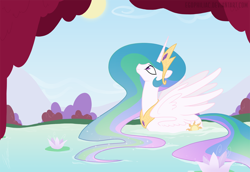 Size: 1800x1238 | Tagged: safe, artist:egophiliac, princess celestia, alicorn, pony, beautiful, behaving like a bird, behaving like a duck, female, floating, flower, folded wings, large wings, lilypad, long mane, long tail, looking up, majestic, mare, mountain, pond, show accurate, smiling, solo, sparkles, spring, sun, swanlestia, swimming, swimming pool, water