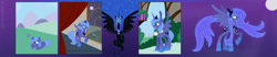 Size: 3263x675 | Tagged: safe, artist:egophiliac, nightmare moon, princess luna, alicorn, pony, adult, aging, cute, female, filly, mare, s1 luna, through the years, ultimate luna, woona