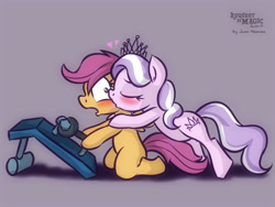 Size: 1600x1200 | Tagged: safe, artist:jcosneverexisted, diamond tiara, scootaloo, earth pony, pegasus, pony, blushing, female, kissing, lesbian, scooter, scootiara, shipping, wrench