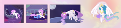 Size: 3474x800 | Tagged: safe, artist:egophiliac, princess celestia, princess luna, alicorn, pony, adult, aging, baby, baby pony, balcony, big crown thingy, bittersweet, cewestia, comic, cradle, crib, crying, cute, duo, element of harmony, element of magic, ethereal mane, female, filly, foal, frown, hoof shoes, lidded eyes, mare, mare in the moon, moon, night, open mouth, pillow, pink-mane celestia, prone, raised hoof, reading, royal sisters, sad, sadlestia, siblings, sisters, sleeping, smiling, spread wings, through the years, wings, woona, younger