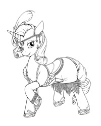 Size: 823x1029 | Tagged: safe, artist:longinius, rarity, pony, unicorn, clothed ponies, clothes, flapper, grayscale, monochrome, saddle, solo