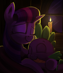 Size: 1938x2248 | Tagged: safe, artist:dimfann, spike, twilight sparkle, dragon, candle, hug, spikelove