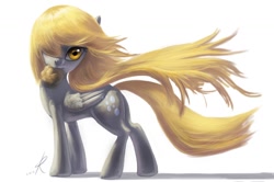 Size: 1346x894 | Tagged: safe, artist:raikoh, derpy hooves, pegasus, pony, background pony, beautiful, epic derpy, female, food, hair over one eye, mare, mouth hold, muffin, simple background, solo, wind, windswept mane