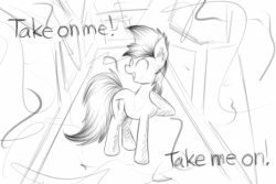 Size: 1500x1000 | Tagged: safe, artist:marsminer, oc, oc only, oc:mars miner, 80s, a-ha, animated, monochrome, music video, parody, solo, song reference, take on me