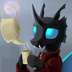 Size: 2000x2000 | Tagged: safe, artist:dimfann, changeling, clothes, coffee mug, fangs, hoof hold, magic, smiling, solo, sweater, tea, teapot, telekinesis