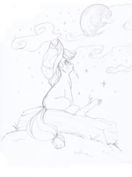 Size: 622x830 | Tagged: safe, artist:longinius, applejack, earth pony, pony, filly, grayscale, looking up, monochrome, moon, night, sitting, solo, younger