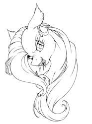 Size: 625x845 | Tagged: safe, artist:longinius, fluttershy, apple, flutterbat, grayscale, monochrome, solo