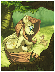 Size: 900x1164 | Tagged: safe, artist:frostadflakes, fluttershy, pegasus, pony, rabbit, animal, dappled sunlight, eye contact, female, forest, looking at each other, mare, prone, smiling, tree