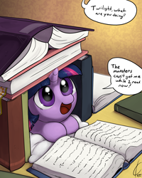 Size: 1600x2000 | Tagged: safe, artist:valcron, twilight sparkle, unicorn twilight, pony, unicorn, adorkable, book, book fort, conversation, cute, daaaaaaaaaaaw, dialogue, dork, female, filly, filly twilight sparkle, foal, fort, hnnng, pillow, prone, solo, that pony sure does love books, twiabetes, weapons-grade cute, younger