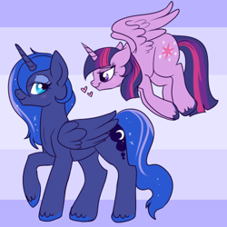 Size: 500x500 | Tagged: safe, artist:lulubell, princess luna, twilight sparkle, twilight sparkle (alicorn), alicorn, pony, female, heart, lesbian, mare, shipping, twiluna