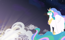 Size: 3200x2000 | Tagged: safe, artist:valcron, princess celestia, alicorn, pony, cloud, eyes closed, female, high res, mare, sitting, solo, sunrise, wallpaper