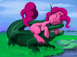 Size: 3000x2195 | Tagged: safe, artist:dimfann, gummy, pinkie pie, earth pony, pony, cute, diapinkes, duo, ear fluff, eyes closed, older, sharp teeth, teeth, this will end in tears