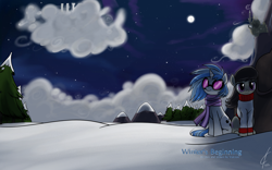 Size: 3200x2000 | Tagged: safe, artist:valcron, dj pon-3, octavia melody, vinyl scratch, earth pony, pony, unicorn, canterlot, clothes, cloudsdale, female, high res, mare, moon, night, scarf, scenery, shipping, sitting, snow, sweater