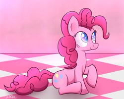 Size: 999x799 | Tagged: safe, artist:heavymetalbronyyeah, pinkie pie, earth pony, pony, looking up, pink coat, pink mane, pink tail, raised hoof, signature, sitting, smiling, solo