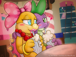 Size: 3600x2700 | Tagged: safe, artist:jcosneverexisted, spike, dragon, blushing, crack shipping, crossover, crossover shipping, female, heart, koopa, koopalings, male, milkshake, shipping, straight, sugarcube corner, super mario bros., voice actor joke, wendy o. koopa, wendyspike