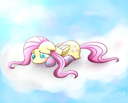 Size: 995x803 | Tagged: safe, artist:heavymetalbronyyeah, fluttershy, pegasus, pony, clothes, cloud, cloudy, prone, socks, solo, striped socks