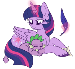 Size: 500x465 | Tagged: safe, artist:lulubell, spike, twilight sparkle, twilight sparkle (alicorn), alicorn, dragon, pony, cuddling, cute, female, magic, mama twilight, mare, quill, scroll, simple background, sleeping, snuggling, spikabetes, spikelove, transparent background