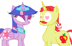 Size: 860x554 | Tagged: safe, artist:lorettafox, flam, twilight sparkle, twilight sparkle (alicorn), alicorn, pony, unicorn, female, heart, male, mare, rarepair, shipping, simple background, stallion, straight, transparent background, twiflam, wingding eyes