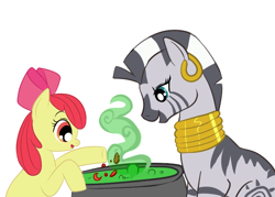 Size: 700x500 | Tagged: safe, artist:lulubell, apple bloom, zecora, zebra, cauldron, simple background, white background