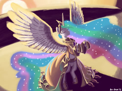 Size: 900x675 | Tagged: safe, artist:aa, princess celestia, alicorn, pony, clothes, dress, eyes closed, female, mare, rearing, solo, spread wings, sun work