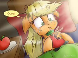 Size: 1600x1200 | Tagged: safe, artist:jcosneverexisted, applejack, earth pony, pony, alarm clock, apple, bed, bloodshot eyes, fail, funny, loose hair, messy mane, morning ponies, silly, silly pony, solo, that pony sure does love apples, this will end in tears, waking up, who's a silly pony